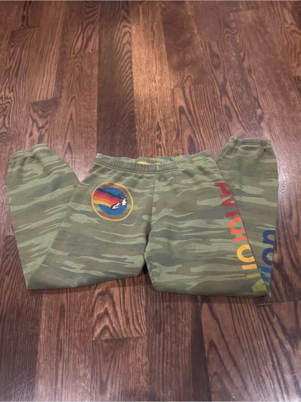 Aviator Nation Olive Green Camo Kids Sweatpants with Rainbow Patch - Picture 3 of 5